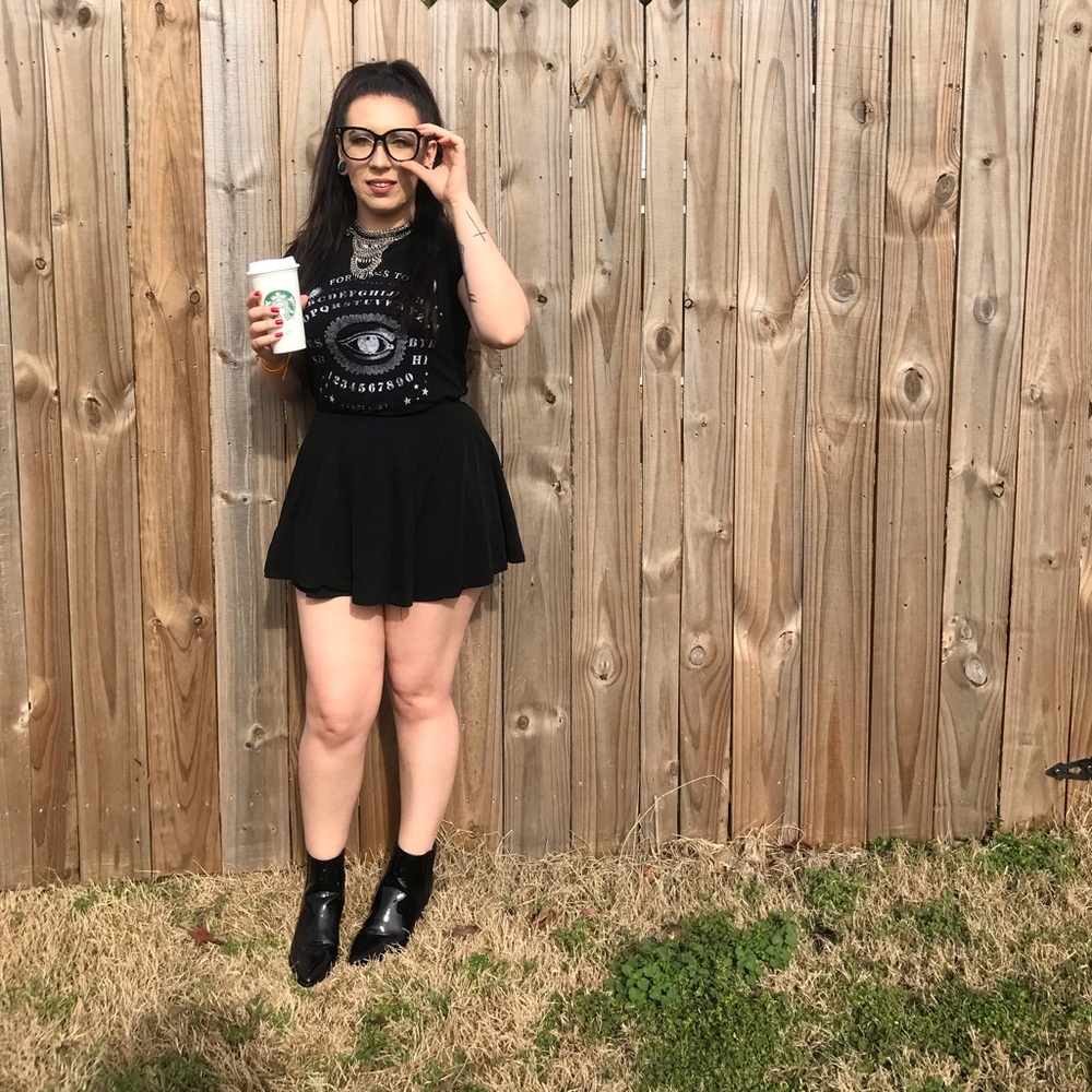 Black ouija T-shirt and black mini skirt